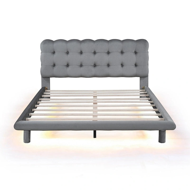 Queen Size Velvet Platform Bed with LED Lights and Button-Tufted Headboard