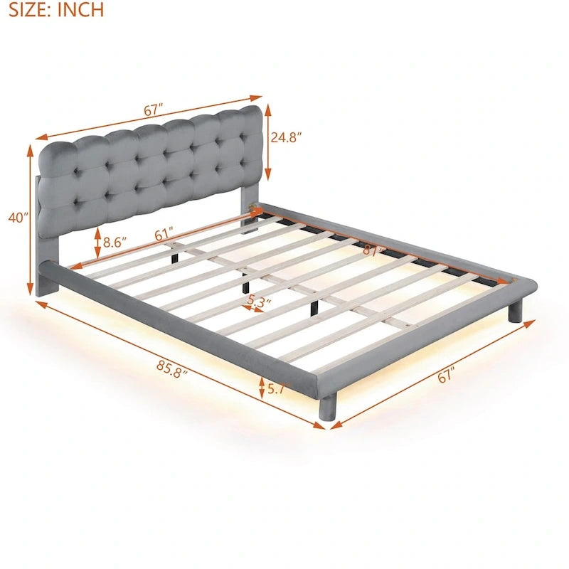 Queen Size Velvet Platform Bed with LED Lights and Button-Tufted Headboard