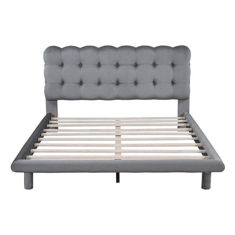 Queen Size Velvet Platform Bed with LED Lights and Button-Tufted Headboard