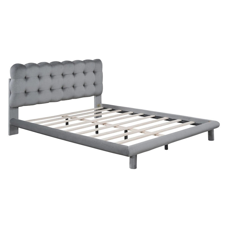 Queen Size Velvet Platform Bed with LED Lights and Button-Tufted Headboard
