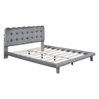 Queen Size Velvet Platform Bed with LED Lights and Button-Tufted Headboard