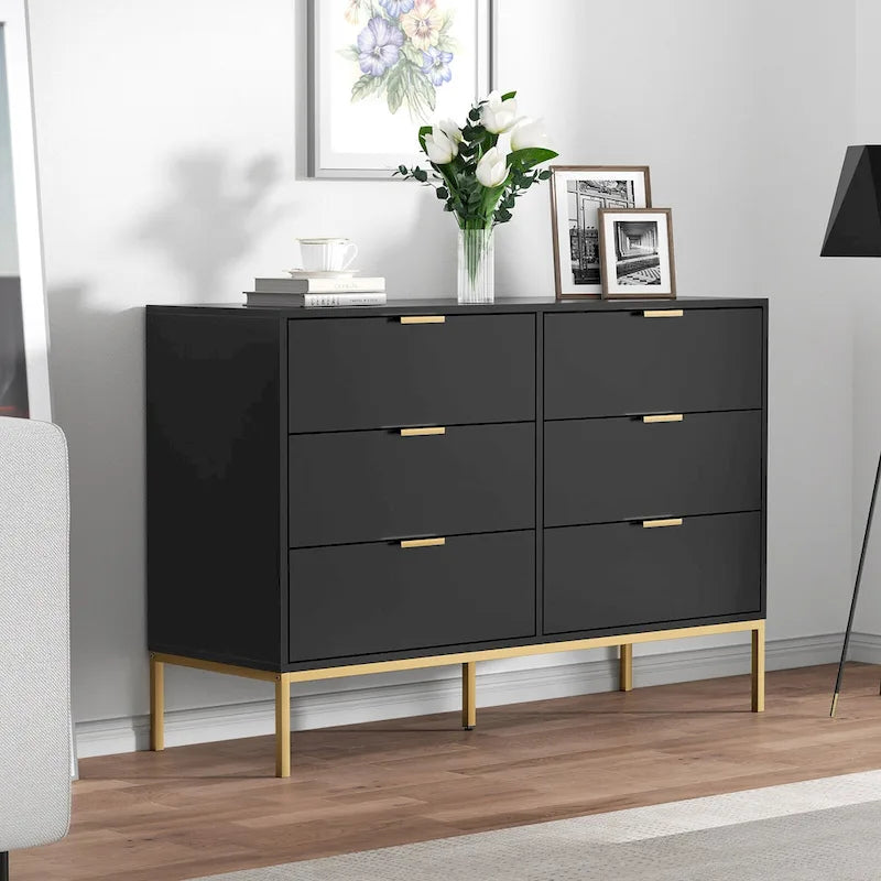 6-Drawer Double Dresser with Metal Legs, Black
