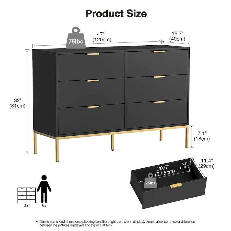 6-Drawer Double Dresser with Metal Legs, Black