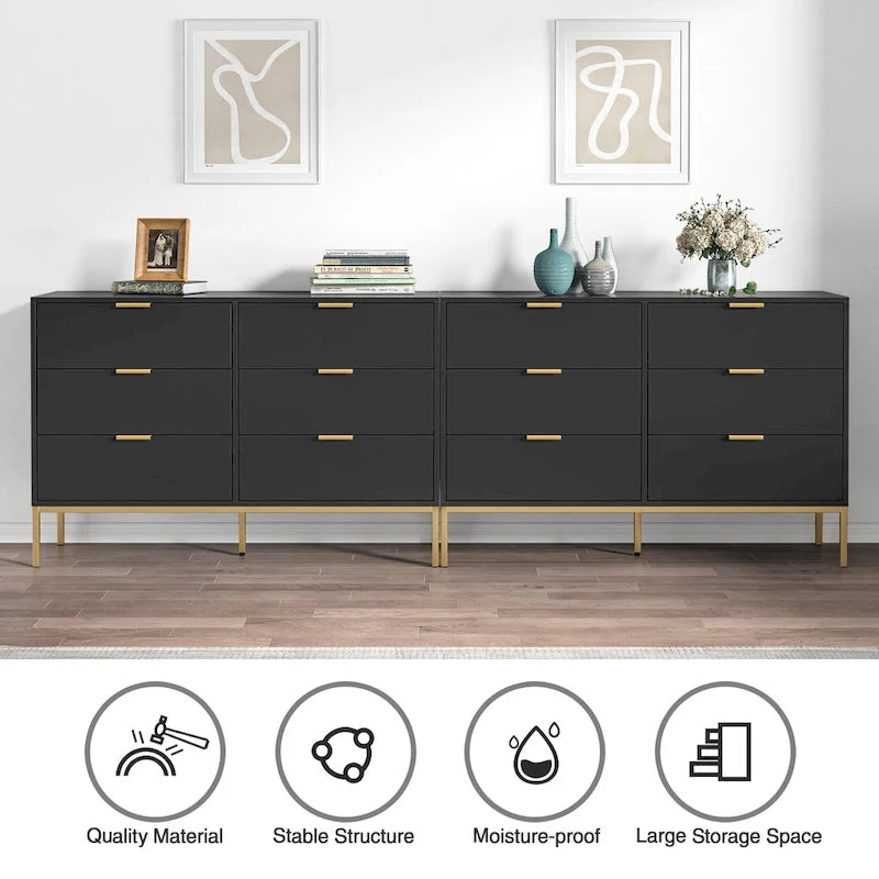 6-Drawer Double Dresser with Metal Legs, Black