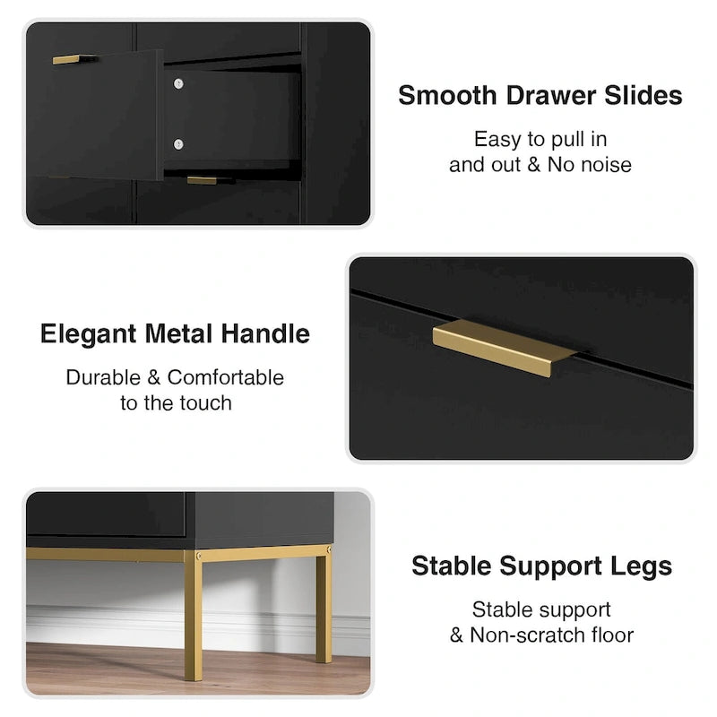 6-Drawer Double Dresser with Metal Legs, Black