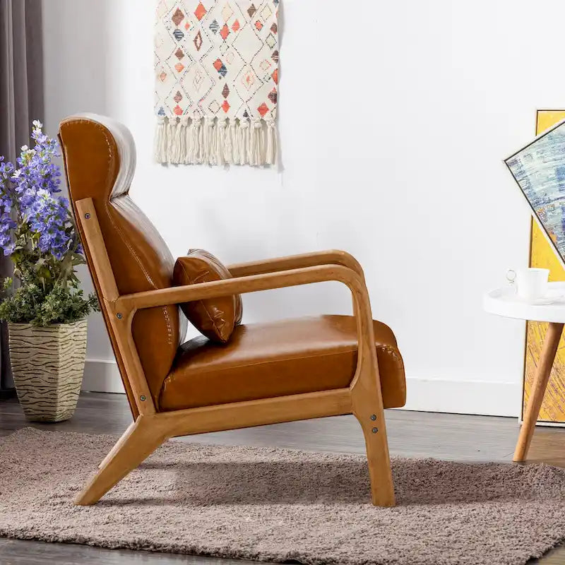 Accent Chair with Linen Upholstery, Wooden Legs, and Pillow