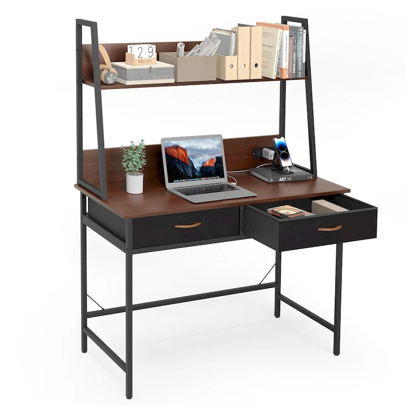 Scrivania per computer con presa di corrente e libreria